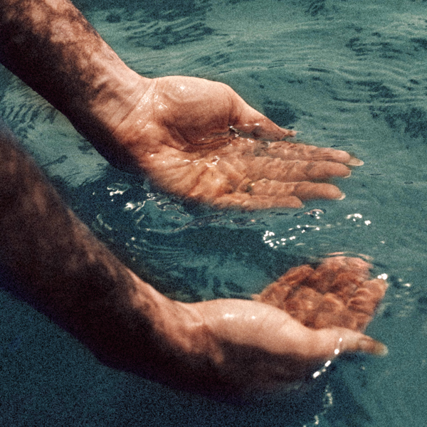 A pair of cupped hands partly submerged in water. 
