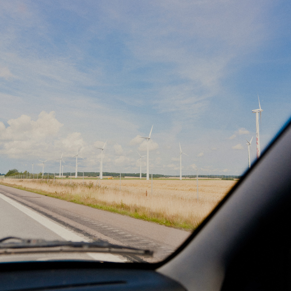 A wind farm on a field, seen through the windshield of a car.